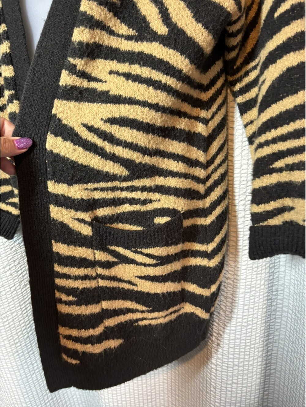 Intro Tiger Animal Print Open Front Cardigan Sweater With Pockets M Black Brown - Picture 2 of 10